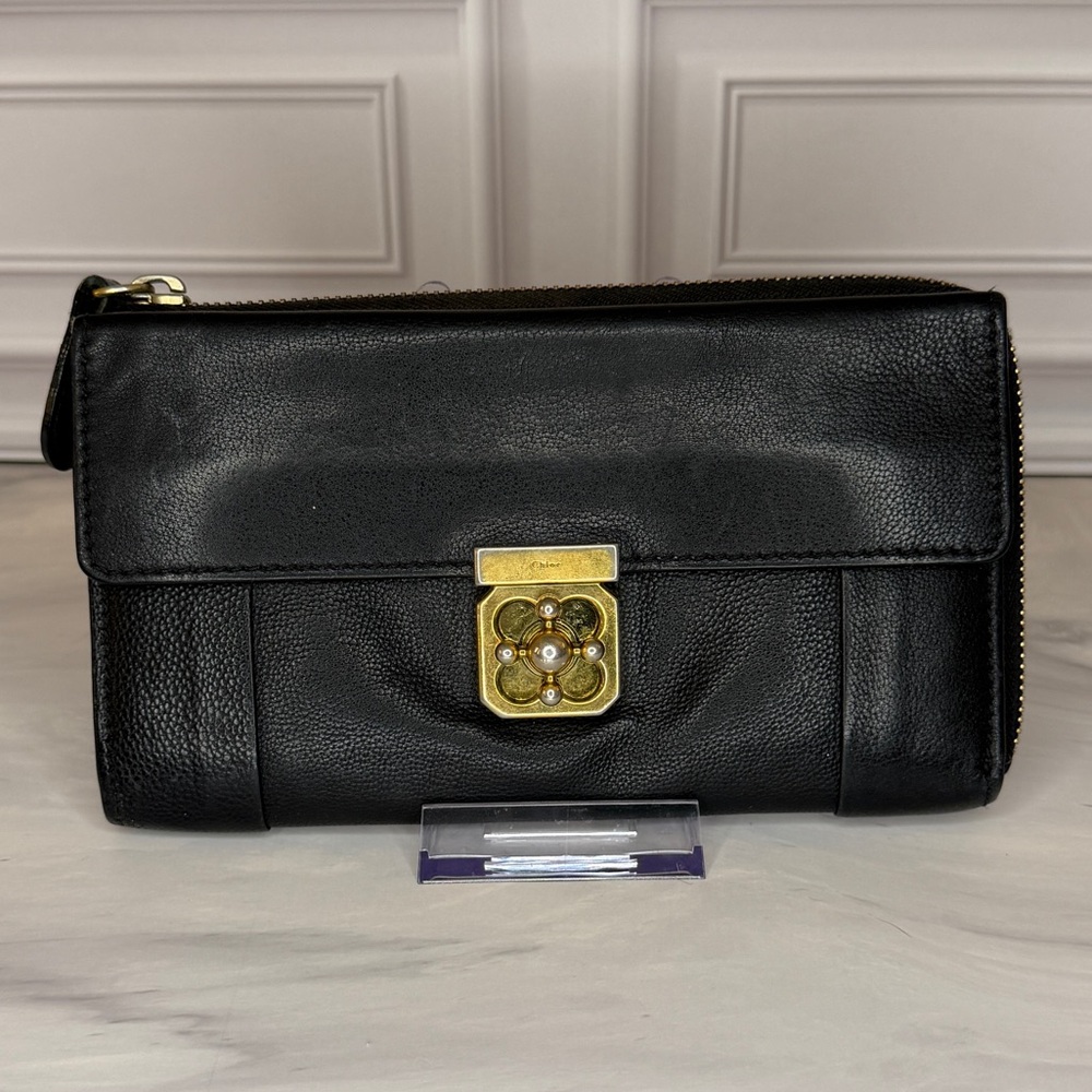 Chloé Elsie Black Leather Zip-Around Wallet Gold Twist Lock - Picture 3 of 13